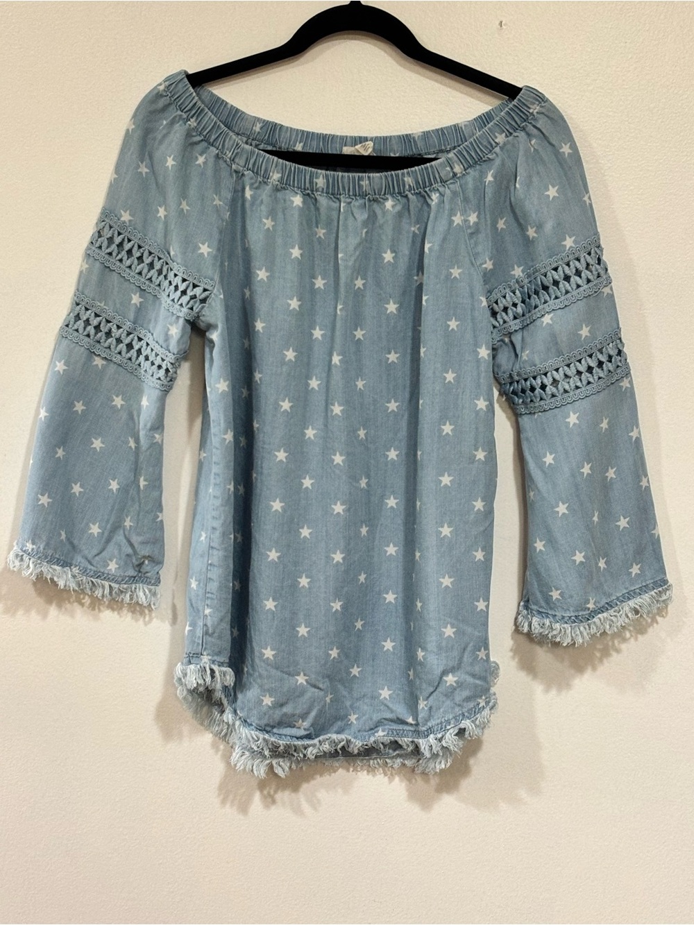 Tribal Jeans Women Small Stars Off The Shoulder Top Crochet Fringe Boho Western